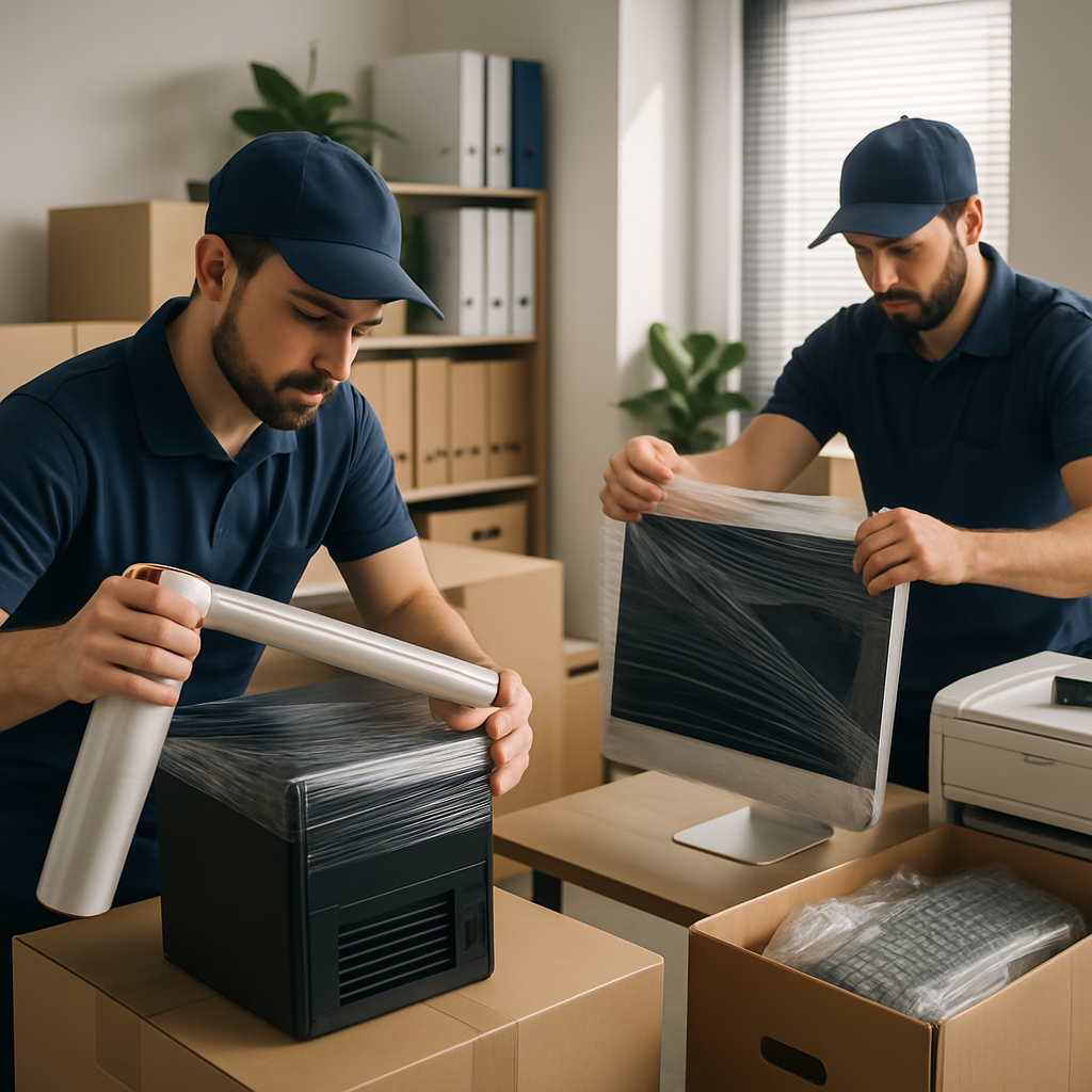 Movers carefully packing IT equipment.