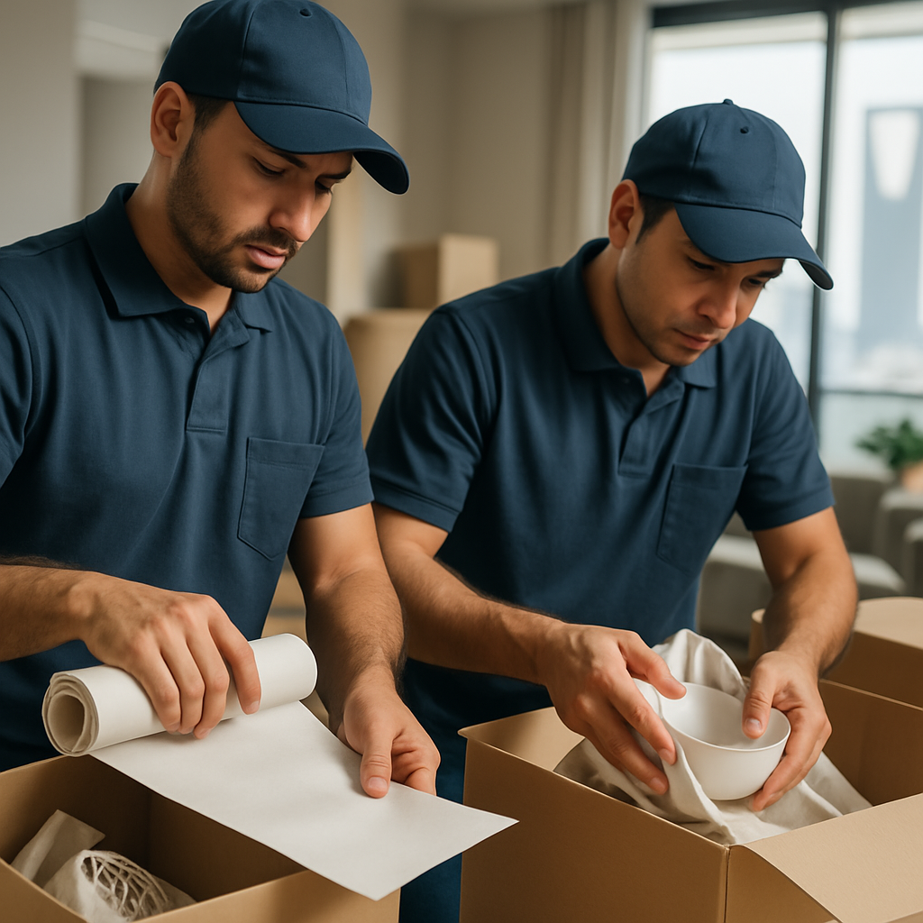 Professional movers carefully packing items
