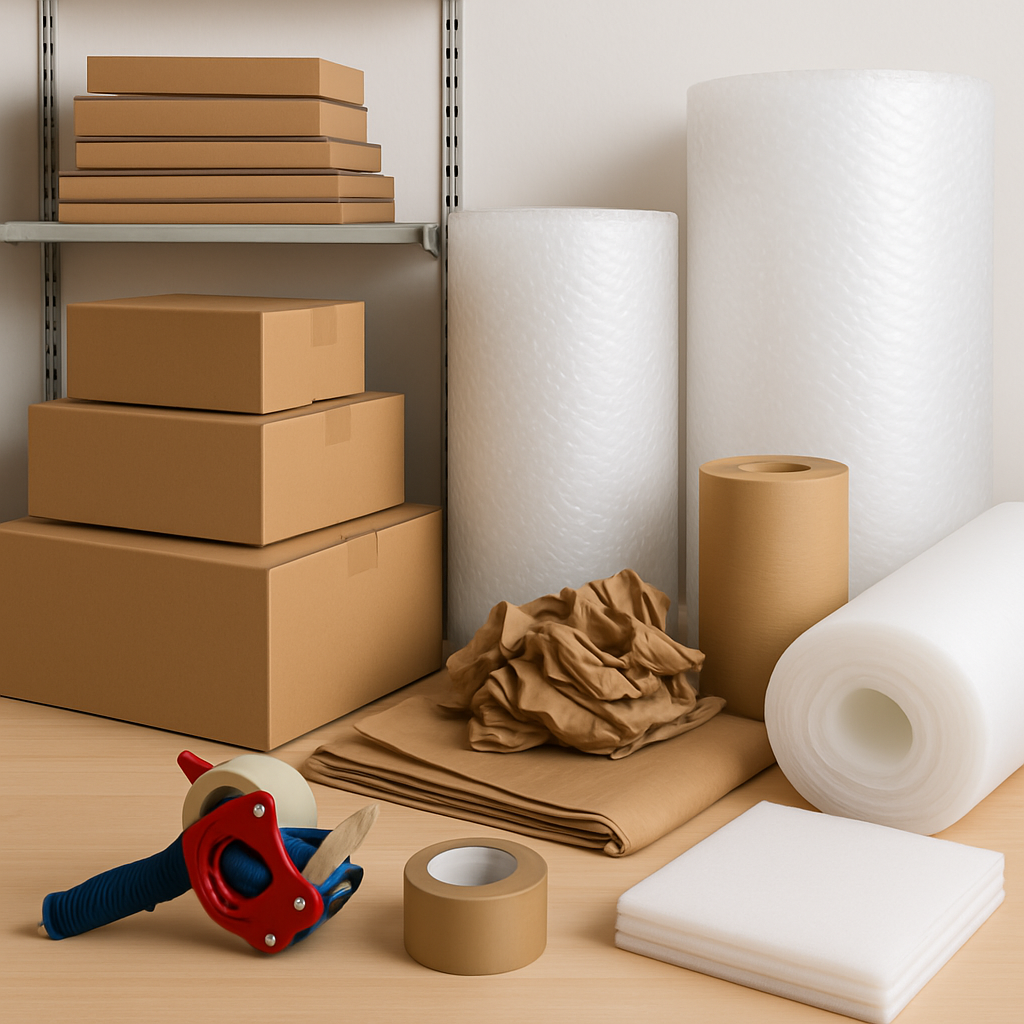 Well-organized packing station with various professional packing materials and supplies