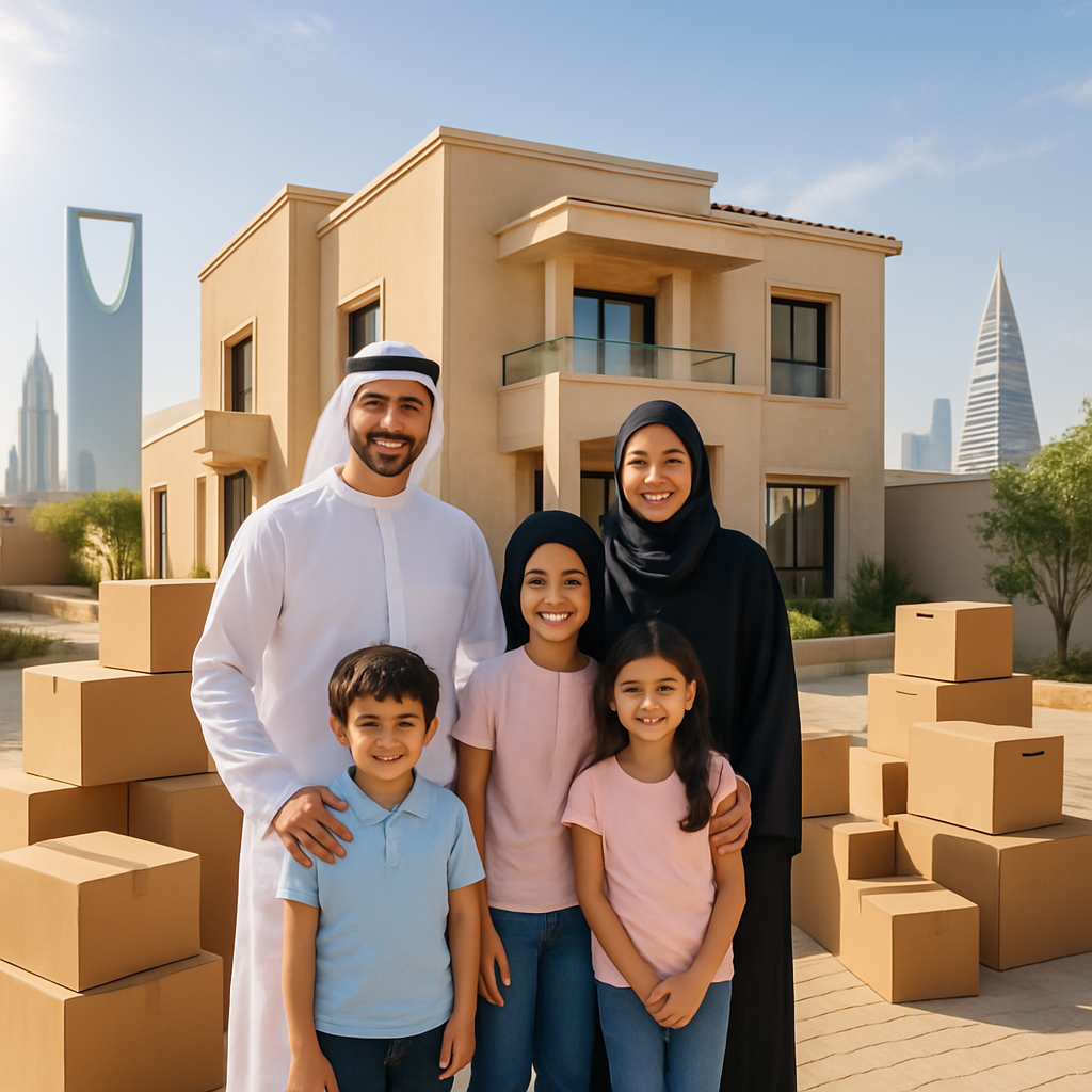 Family in front of new home in Riyadh