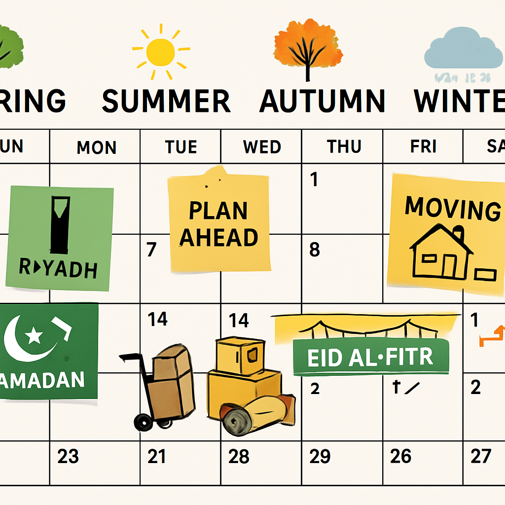Calendar showing seasonal planning for moves in Riyadh.