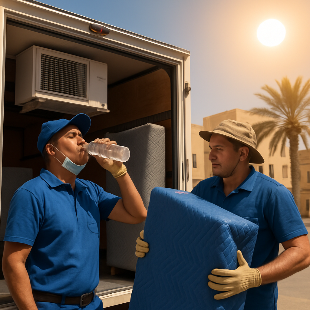 Movers using cooling equipment during hot day