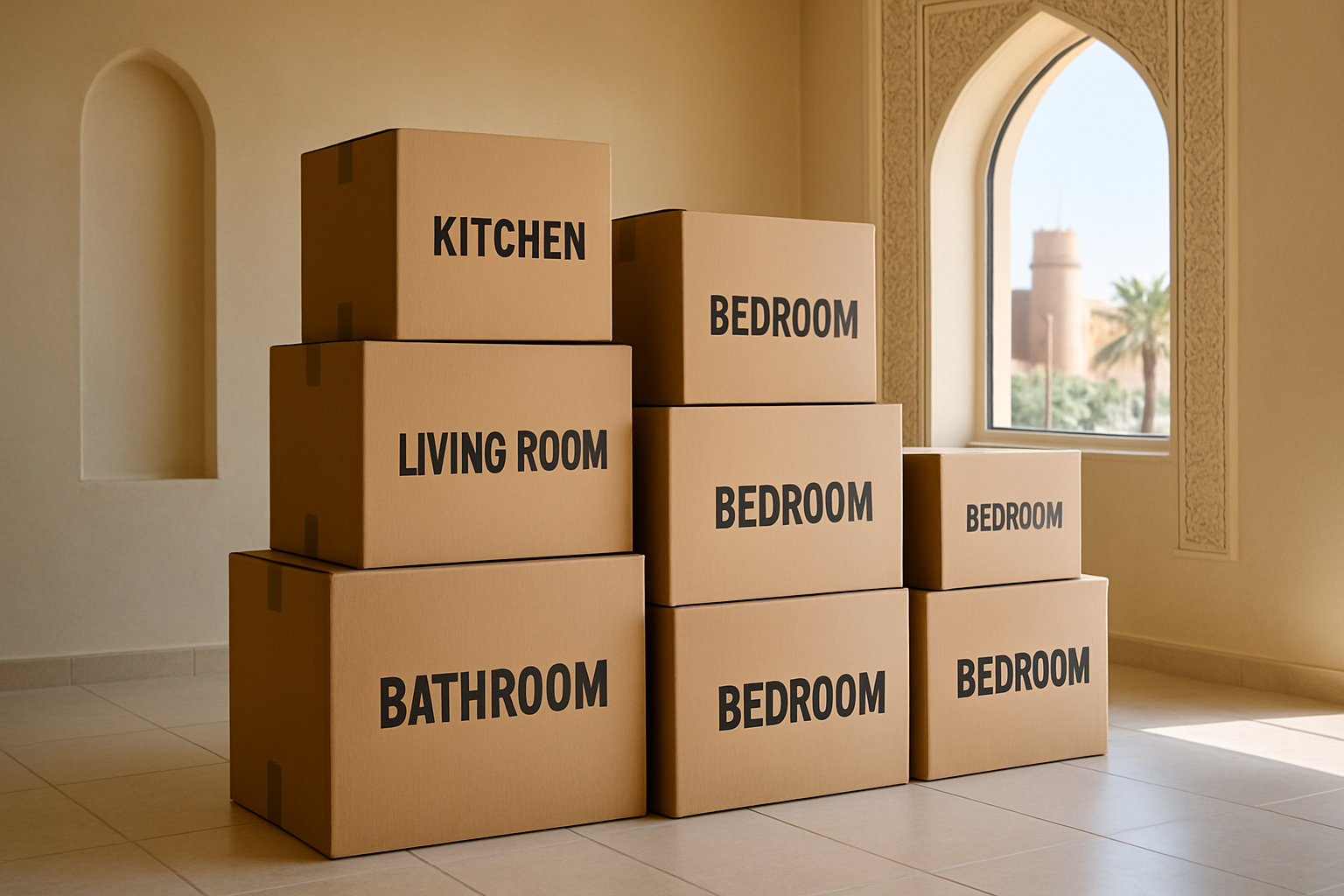 Organized moving boxes labeled for different rooms