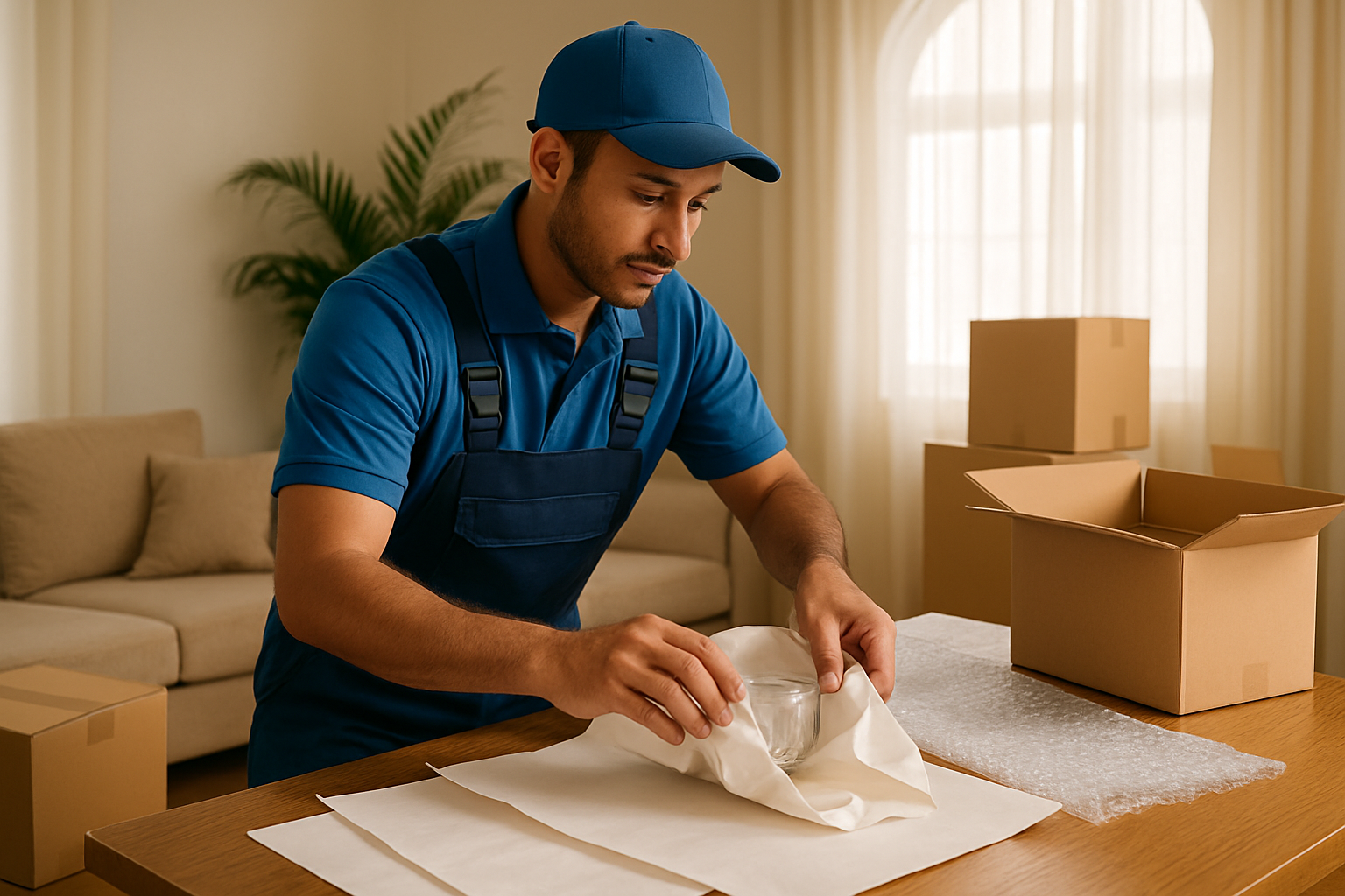 Professional mover carefully wrapping delicate items