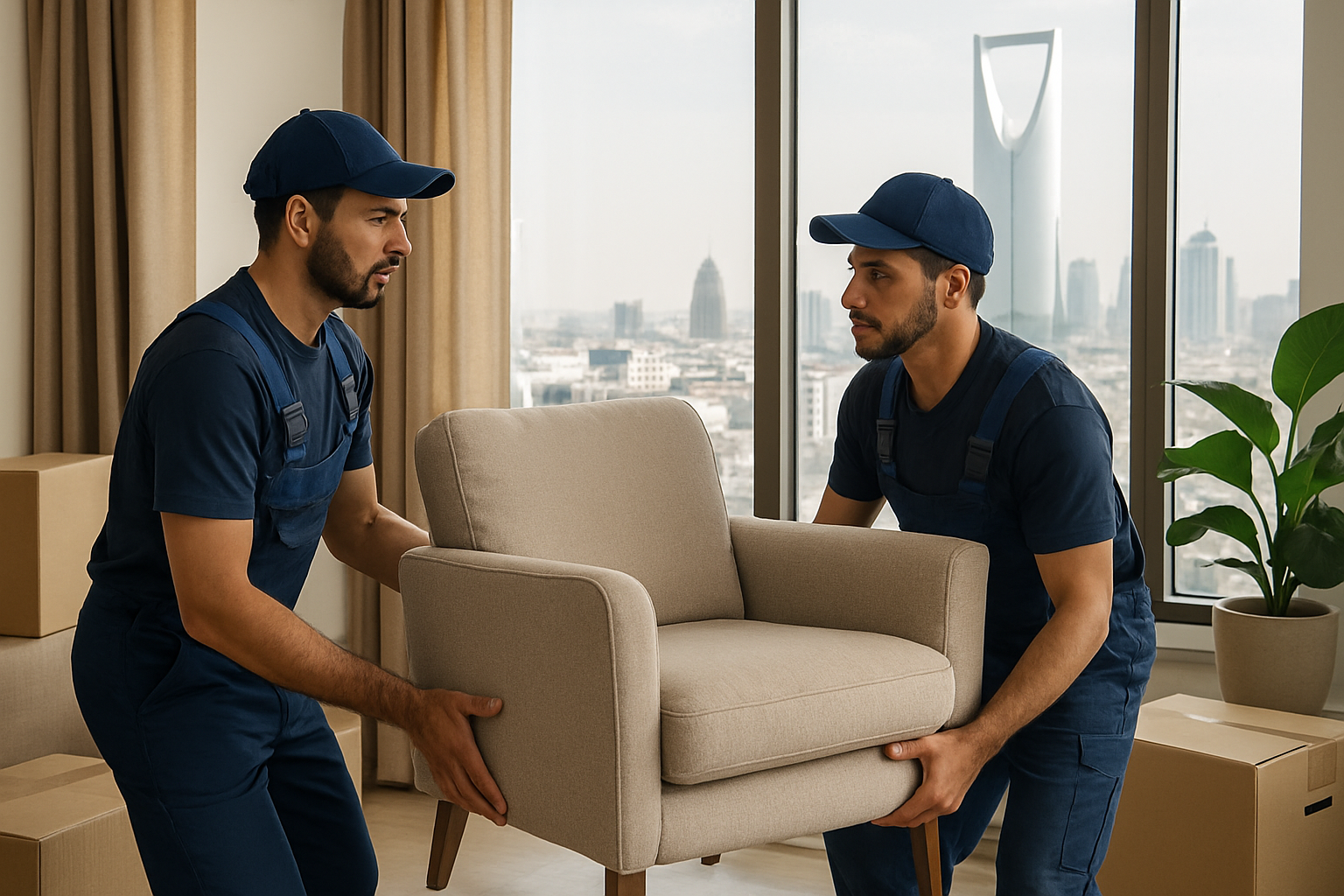 Professional movers handling furniture in a Riyadh apartment
