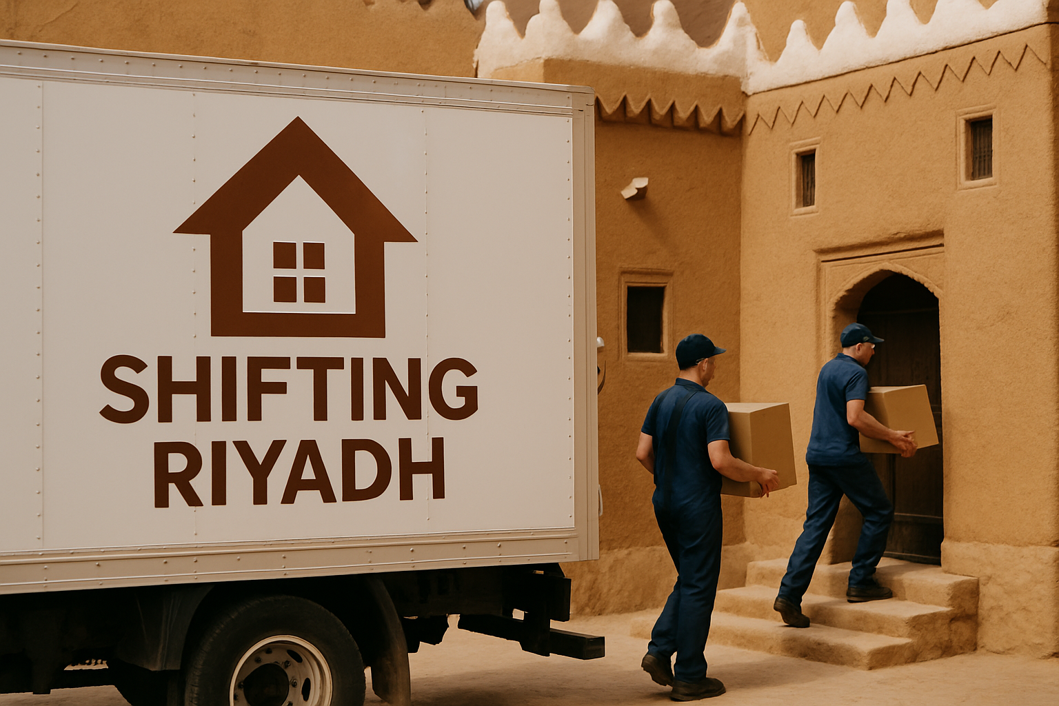 Moving truck in front of a traditional Saudi Arabian home
