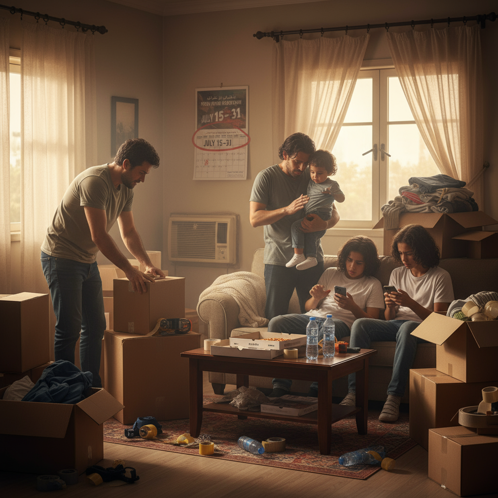 Family stressed while packing in Riyadh apartment during peak season