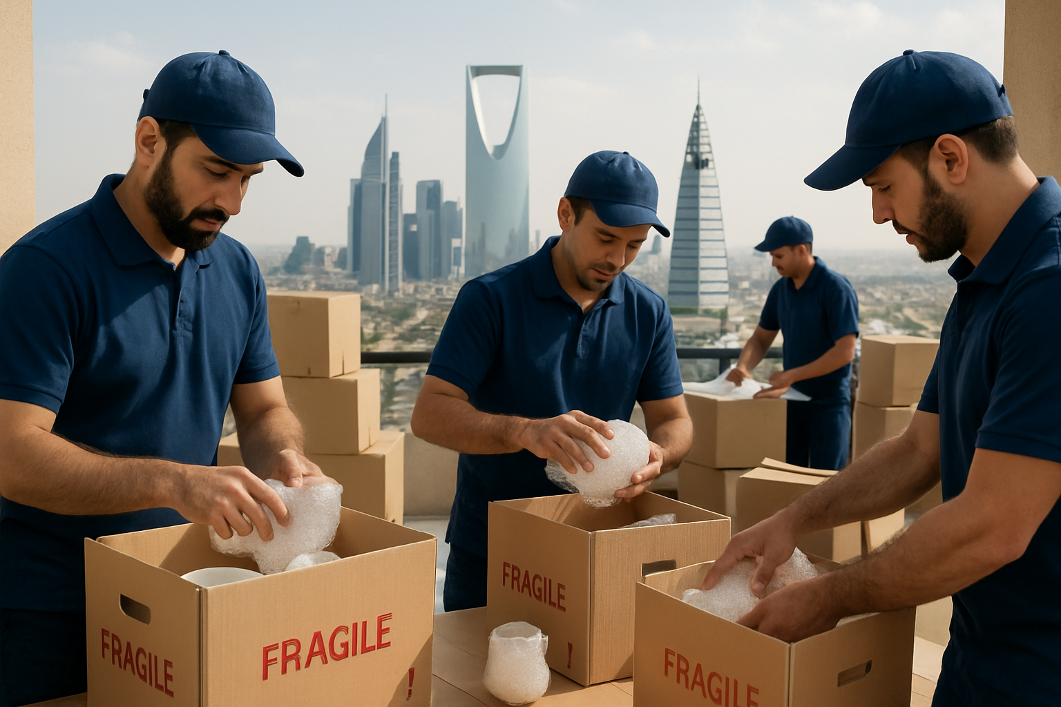 Professional movers in Riyadh carefully packing fragile items