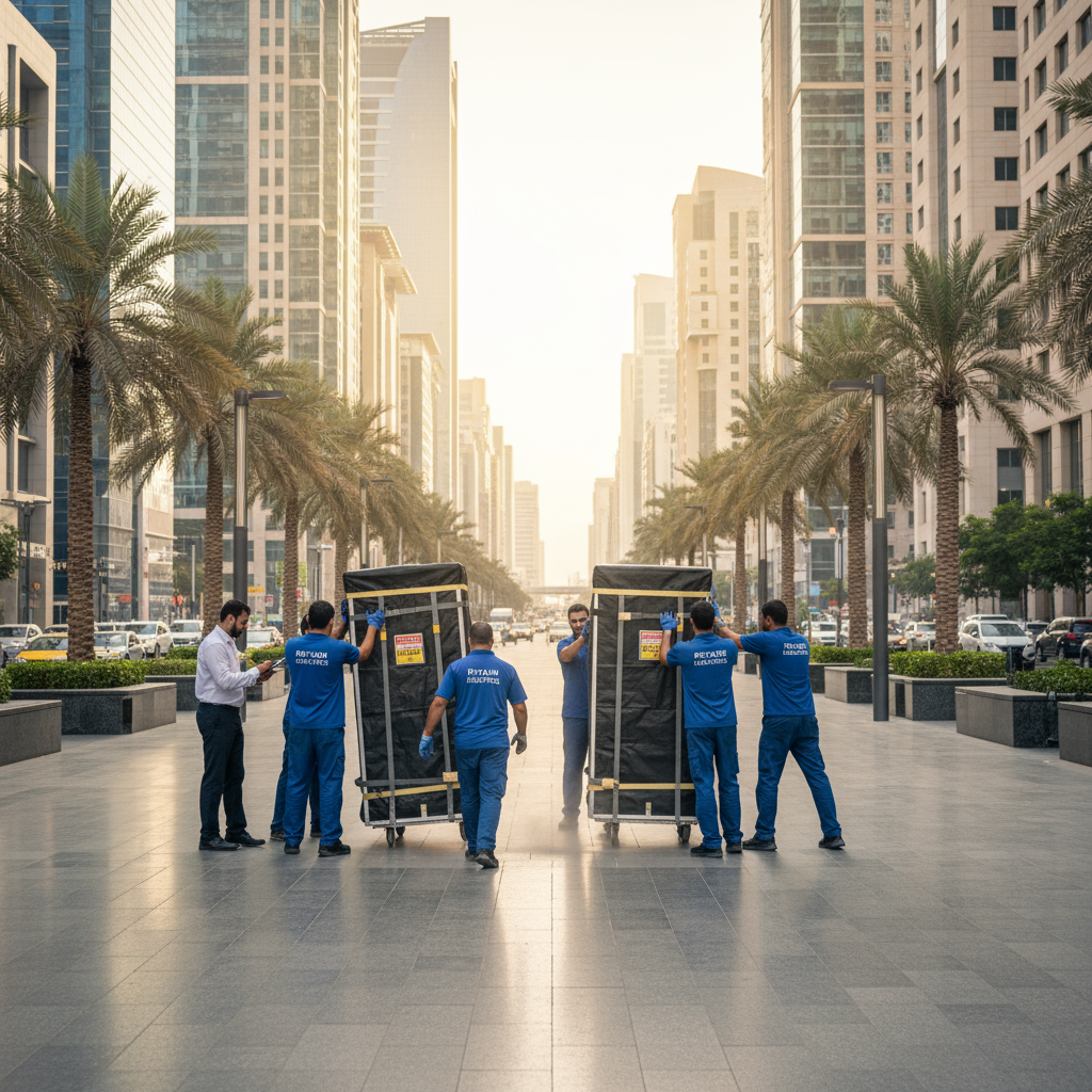 Movers transporting IT server racks in Riyadh business district