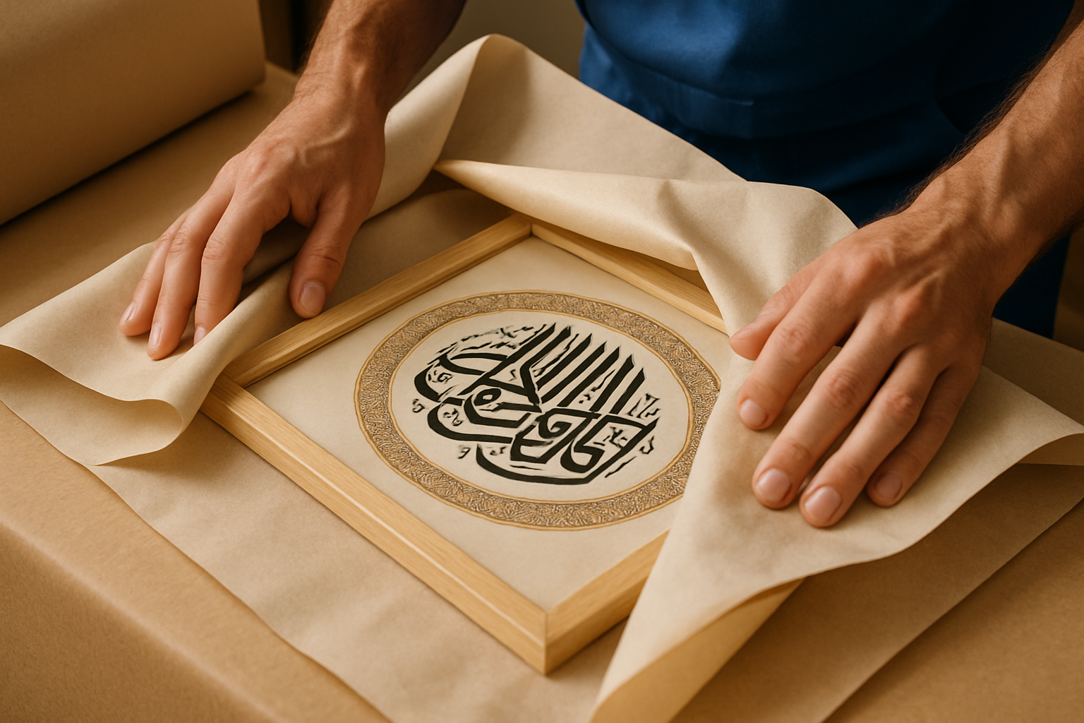 Close-up of mover wrapping Arabic calligraphy art