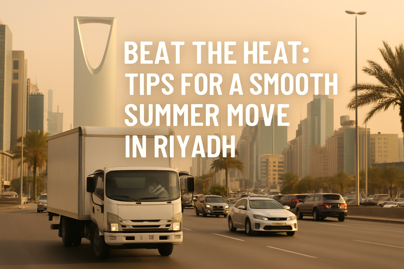Moving truck navigating a busy street in Riyadh with text overlay