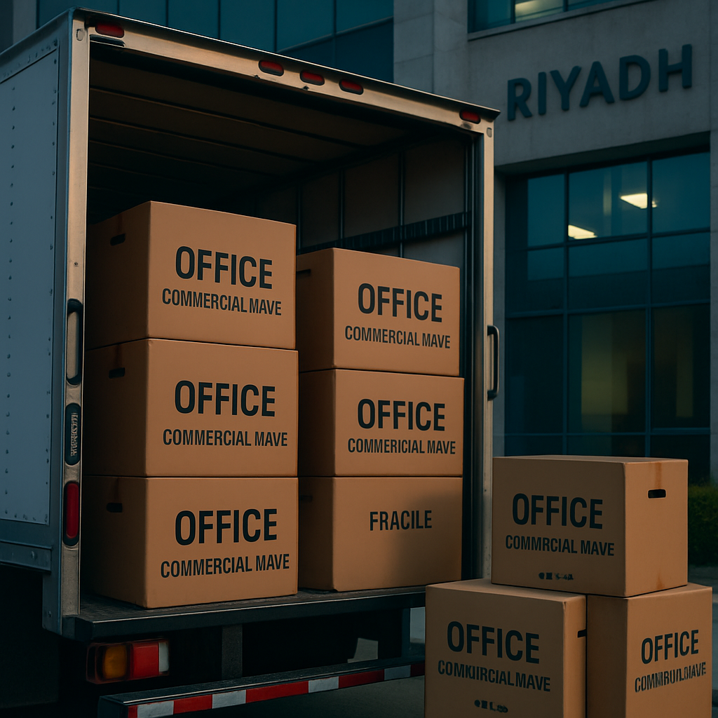 Moving truck being loaded with office boxes in Riyadh