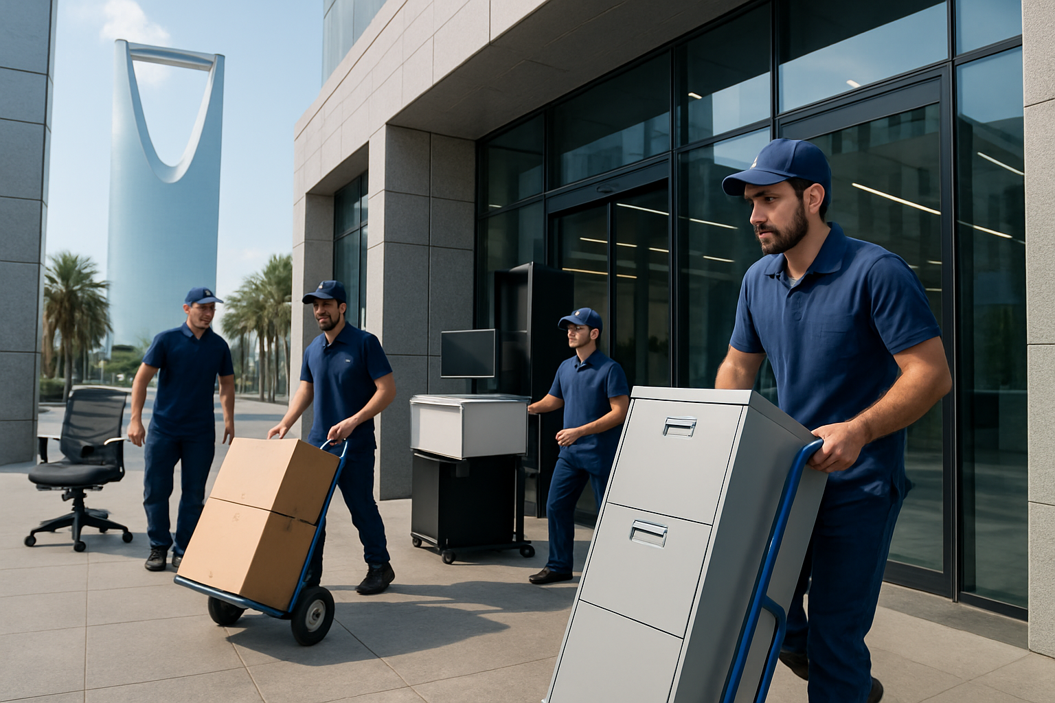 Movers transporting office furniture in Riyadh