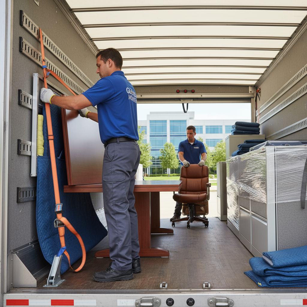 Movers securing office furniture