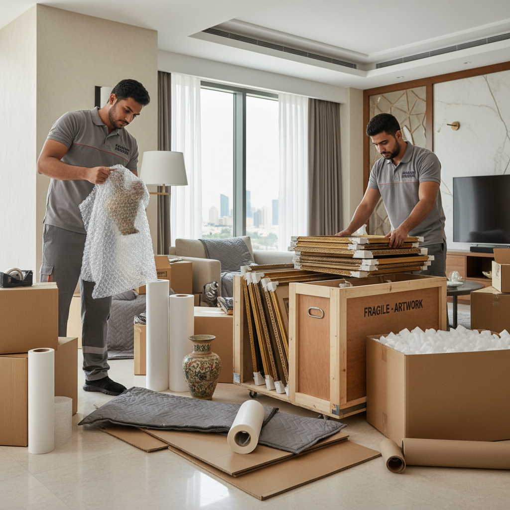 Professional movers packing items in a Riyadh apartment