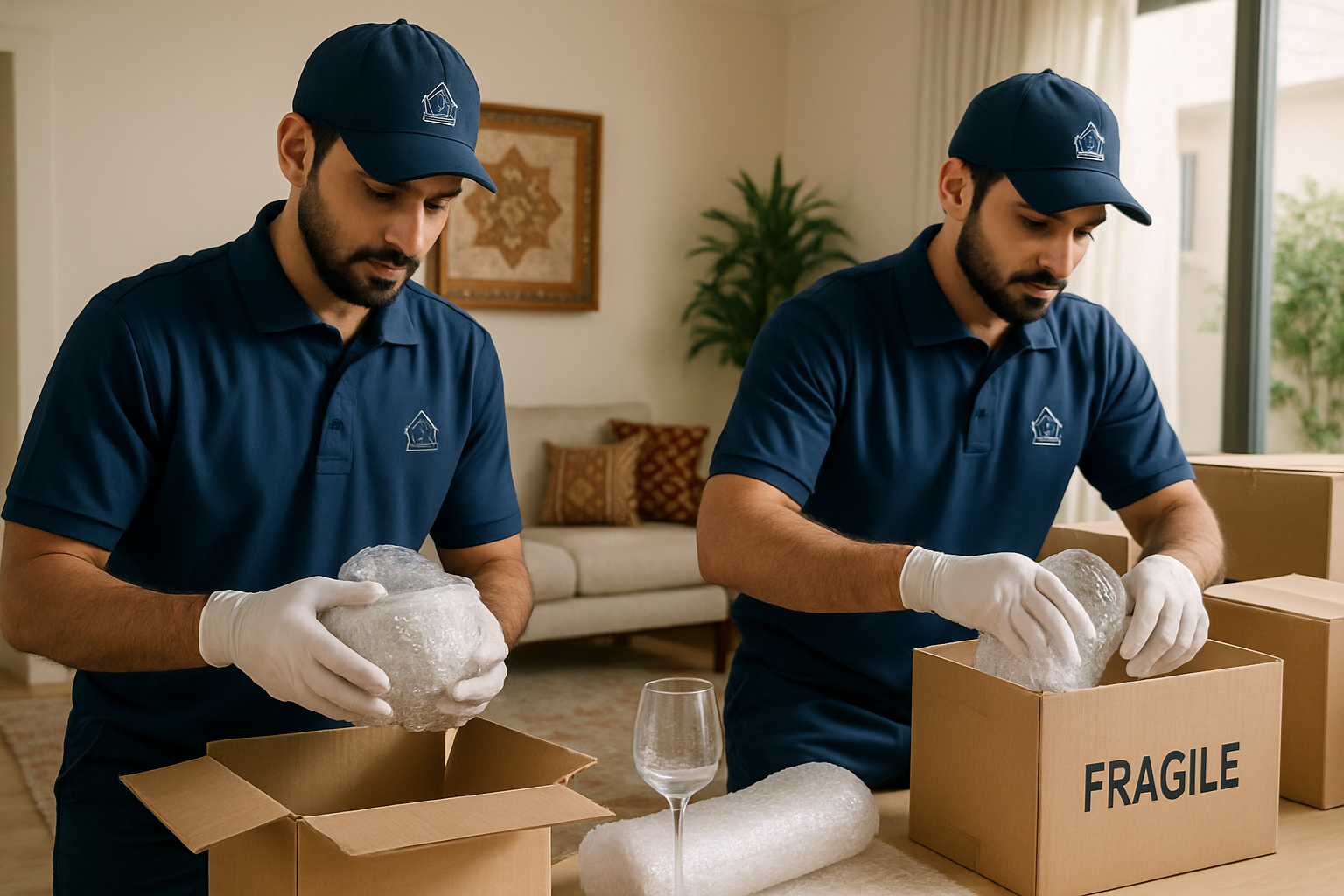 Professional Saudi movers packing fragile items