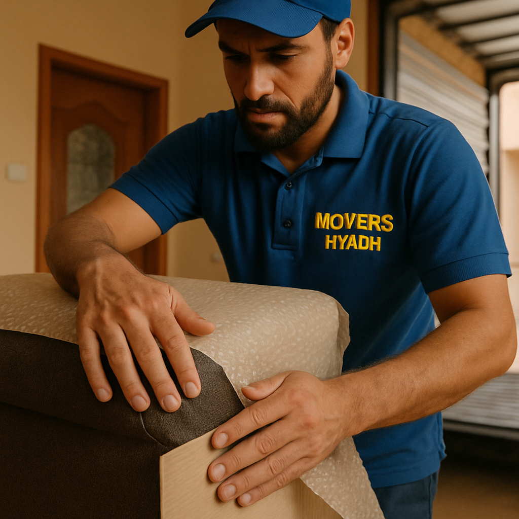 Professional mover wrapping furniture in Riyadh