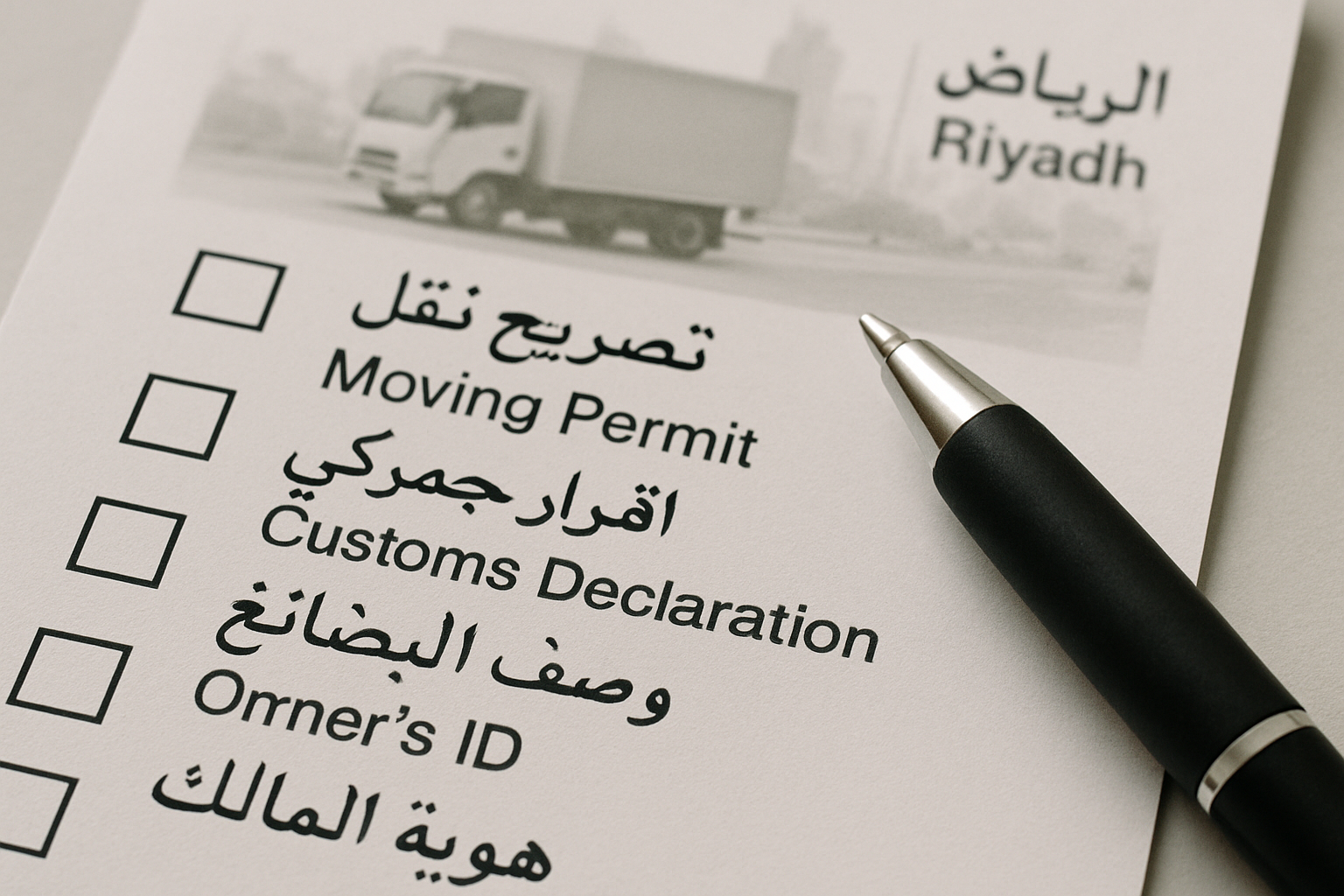 Close-up of a checklist with moving permit and customs declaration