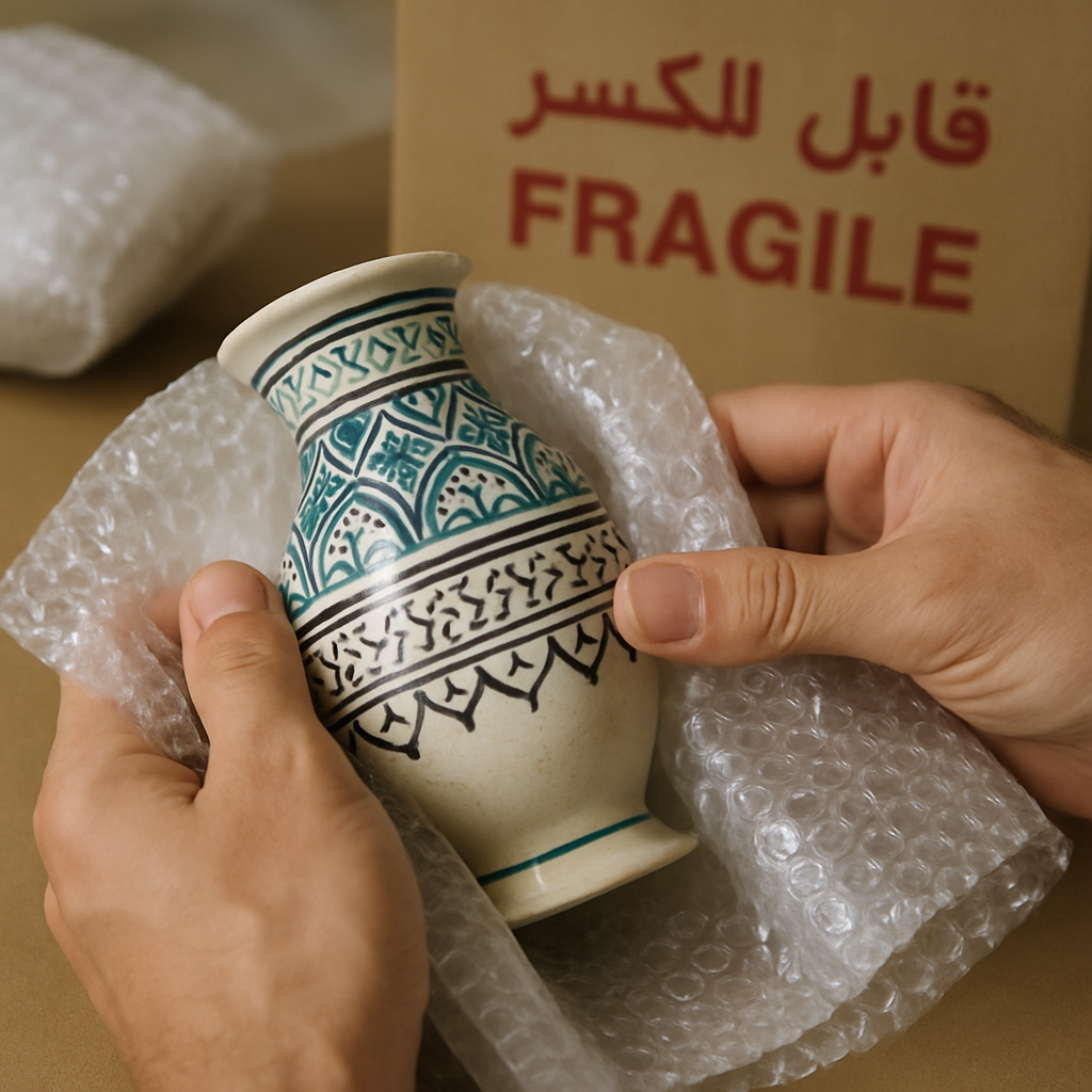 Hands carefully wrapping a delicate vase